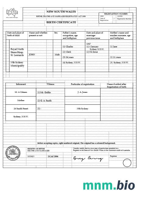 Australia New South Wales narodziny certyfikat szablon w formacie Word, wersja 1